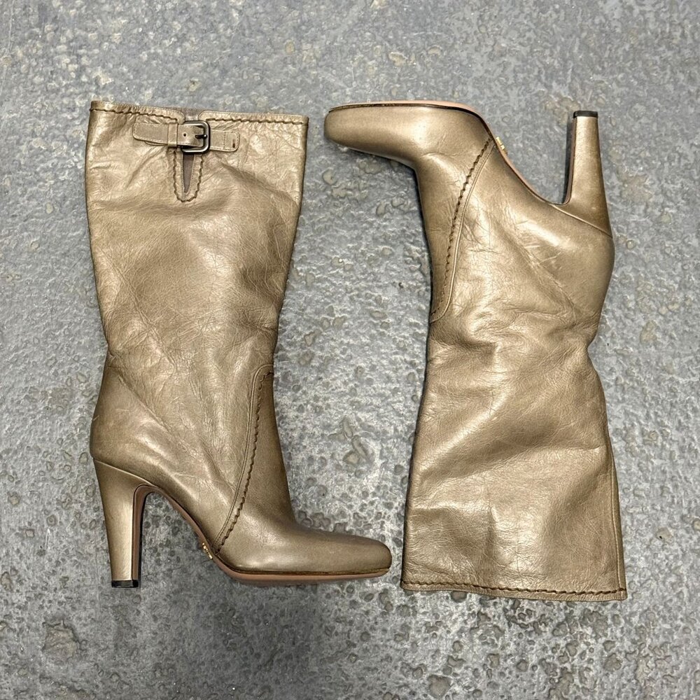 Prada Taupe Leather Mid-Calf Boots Grey Size IT 37 US 7 High Heel